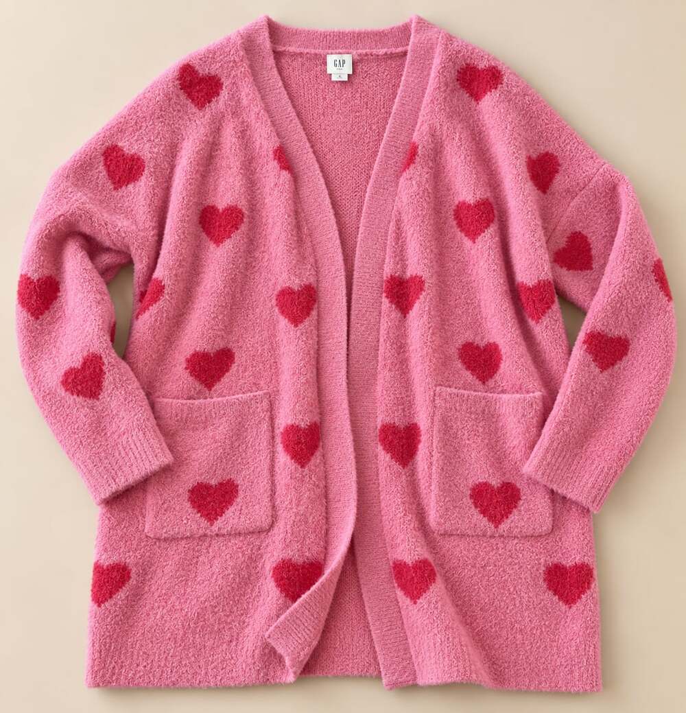 BMG Pink Heart Pattern Open Front Cardigan Sweater with Pockets (g1)